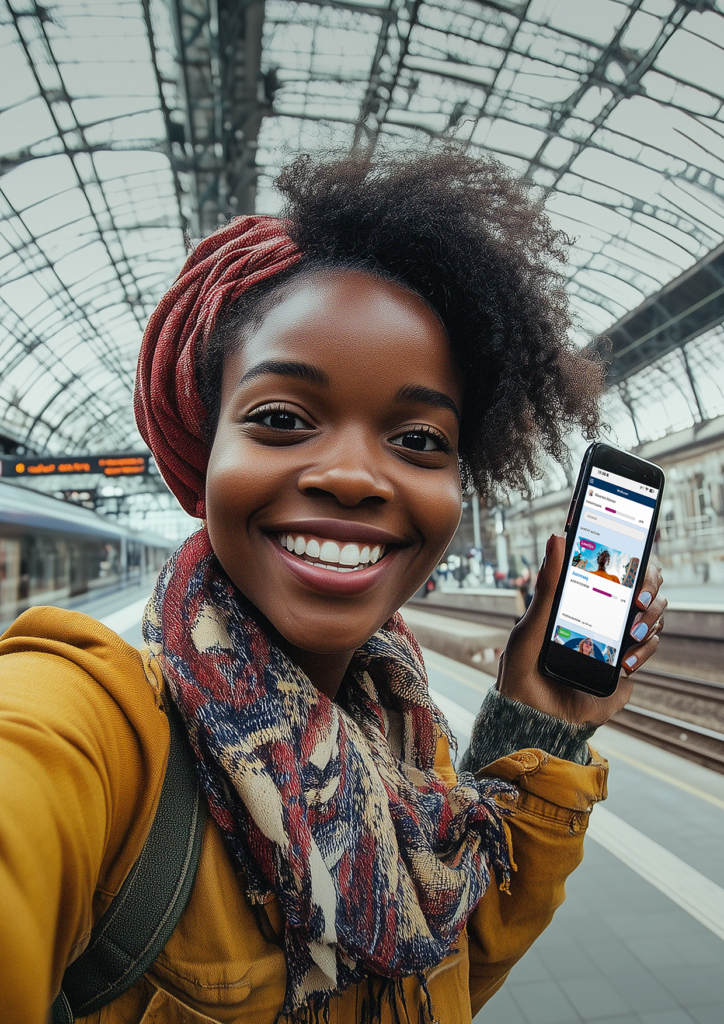 Vrouw op station met curieusz op mobiele telefoon