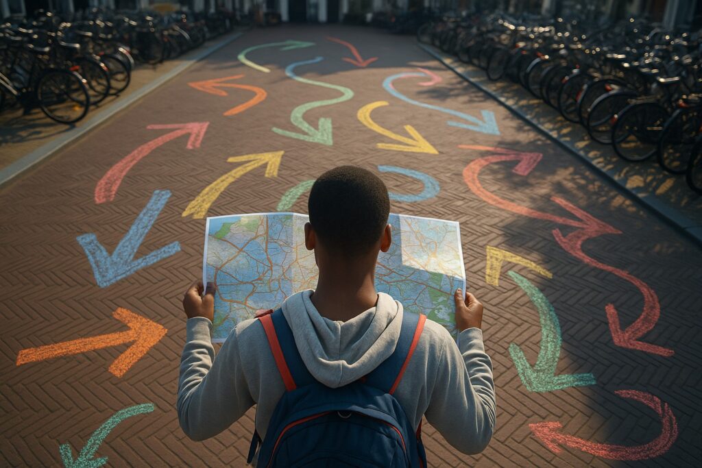 jongen op straat met landkaart zoekt zijn weg. Wegwijzers wijzen alle kanten op