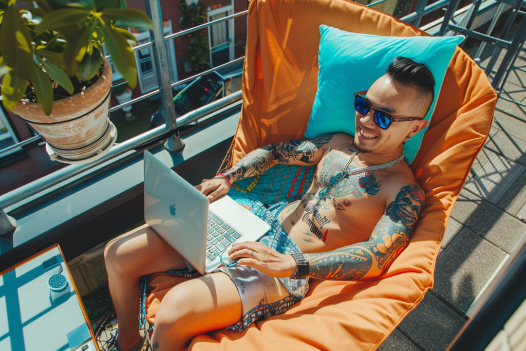 Man in de zon op balkon achter laptop