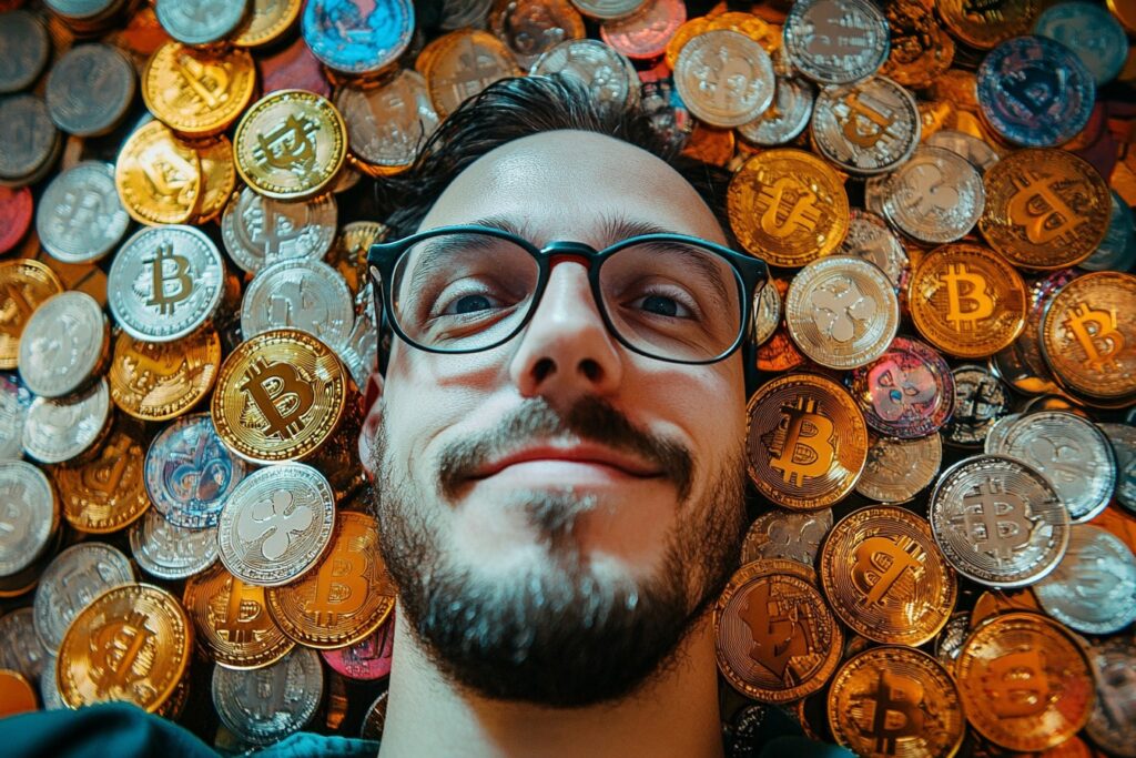 Man die ligt in een stapel bitcoins crypto