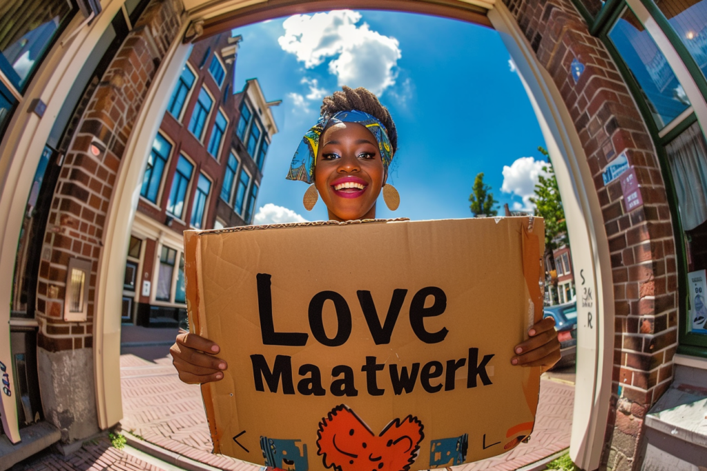 Vrouw met kartonnen bord waarop love maatwerk staat