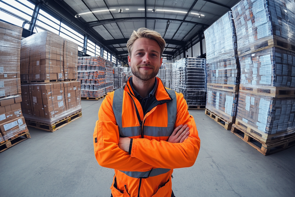 Man aan het werk in een oranje jas