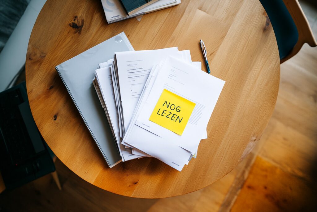 Stapel met papier hierop staat Nog Lezen