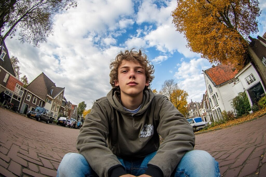 Tienerjongen zit op straat