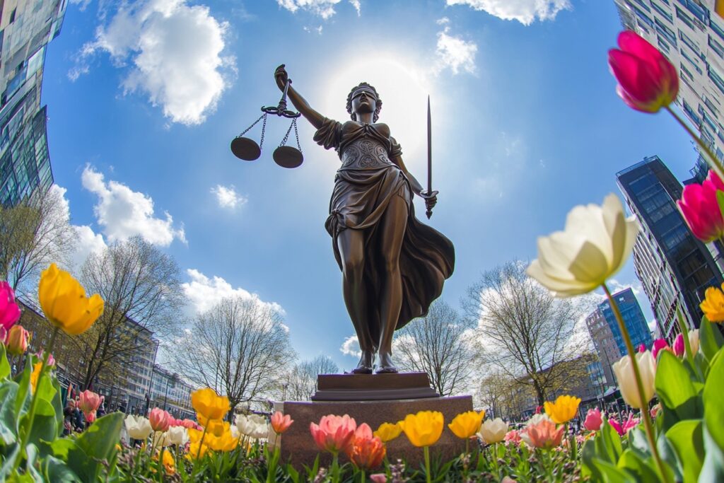 Vrouwe Justitia in een veld met tulpen