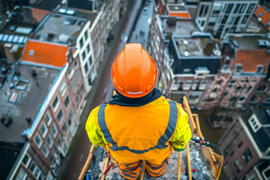 bouwvakker hoog op een flatgebouw met helm op