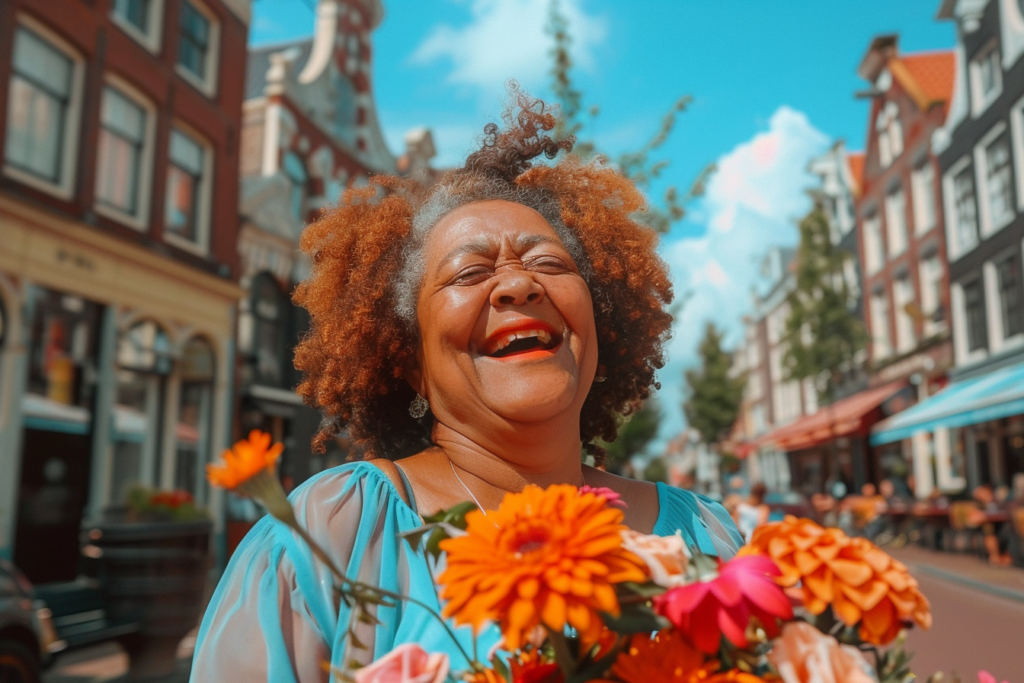 Vrouw met bos bloemen