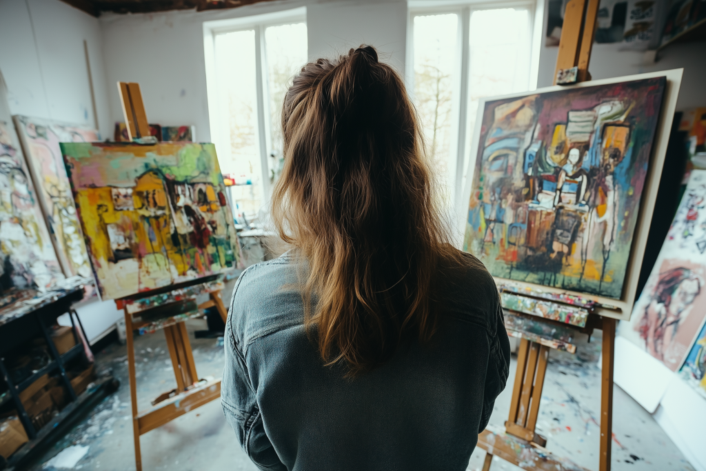 Vrouw kijkt naar kunst