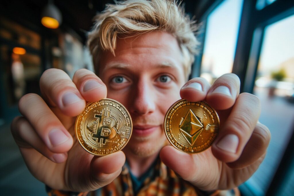 man met crypotmunten bitcoin en ethereum