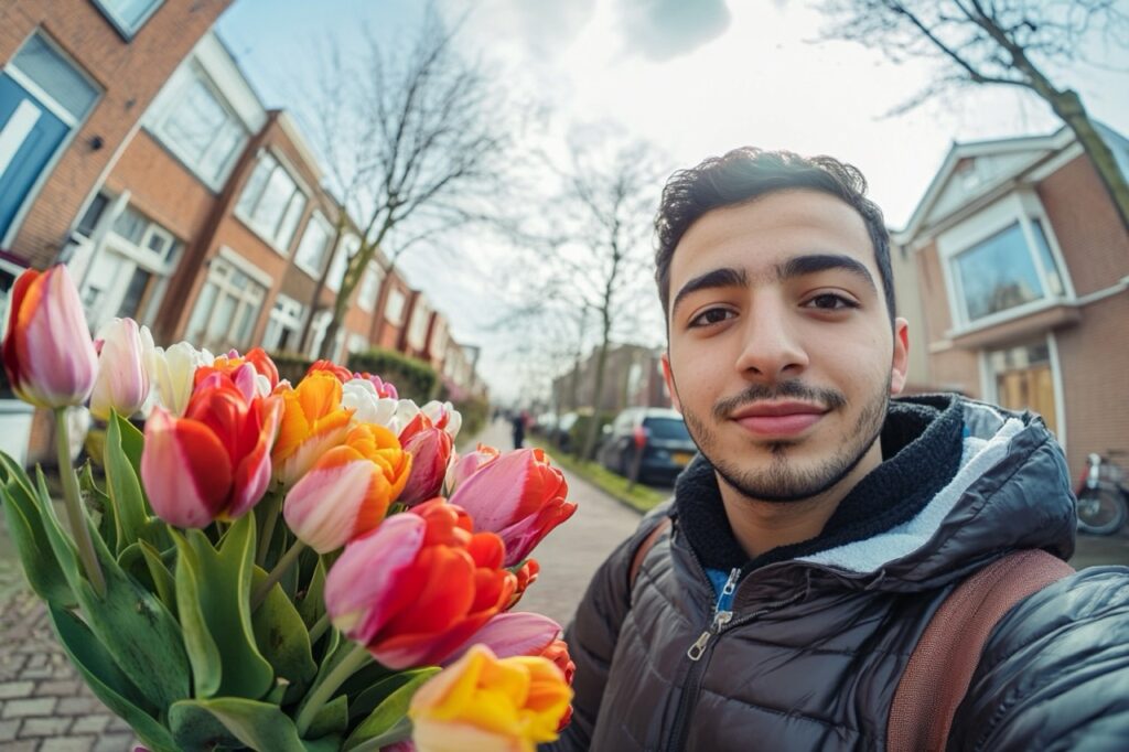 syrische-man-met-bosje-tulpen-op-straat