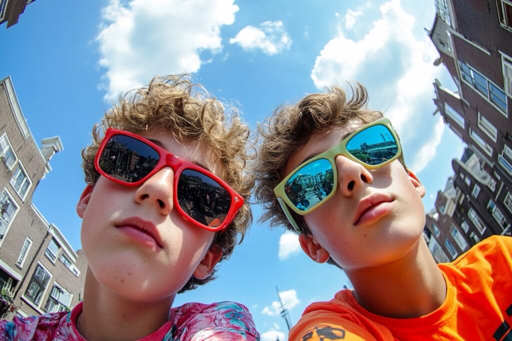 Twee jongens op straat met zonnebril