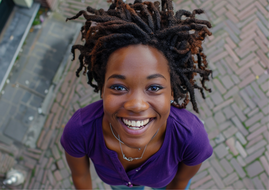 Vrouw in paars t-shirt