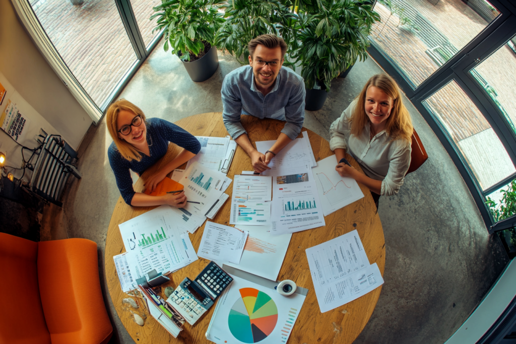 Drie mensen werken aan tafel