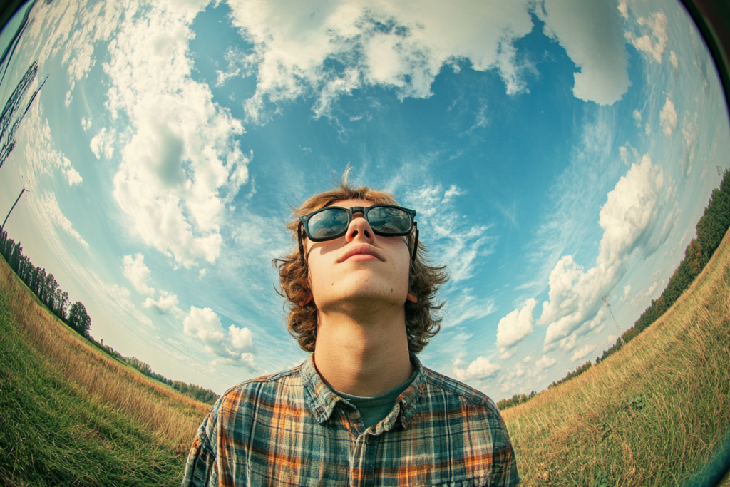 Tiener met zonnebril kijkt omhoog