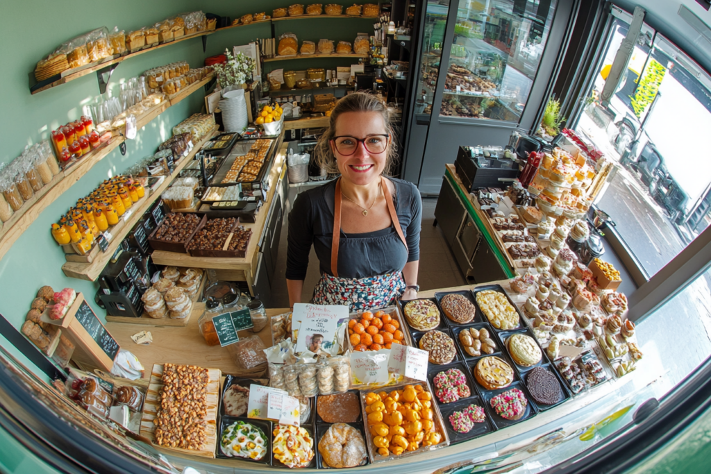 vrouw werk in bakkerij vol met taartjes