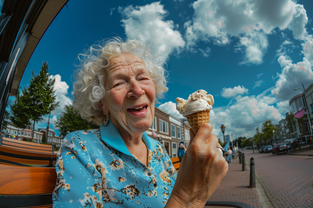 Oude mevrouw eet ijsje